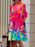 Long Sleeve Color-Block Printed Lapel Midi Dress