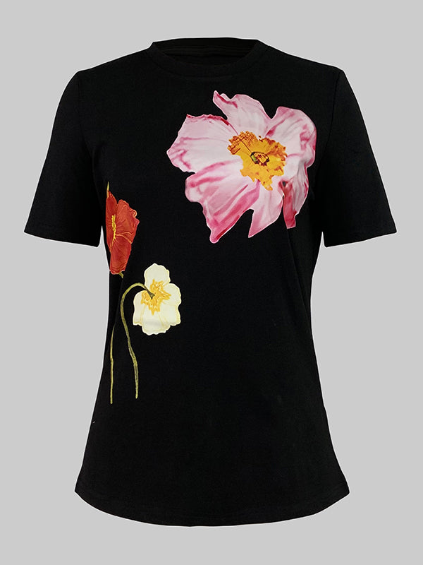 Short Sleeves Skinny Floral Printed Round-Neck T-Shirts