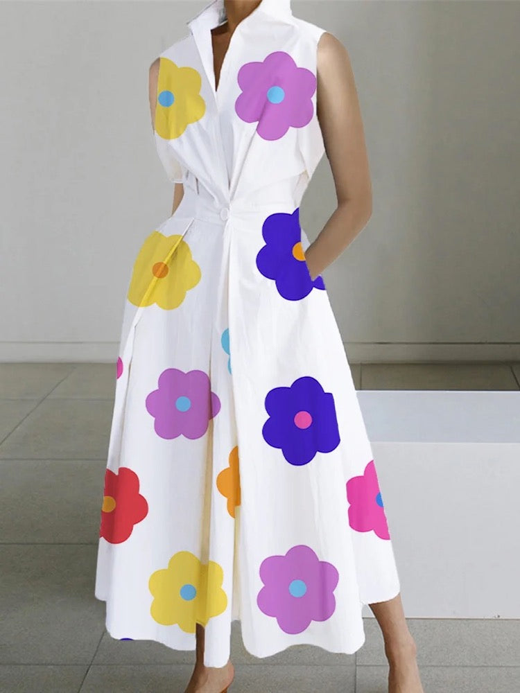 Sleeveless Floral Printed Lapel Midi Dress