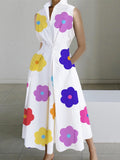 Sleeveless Floral Printed Lapel Midi Dress
