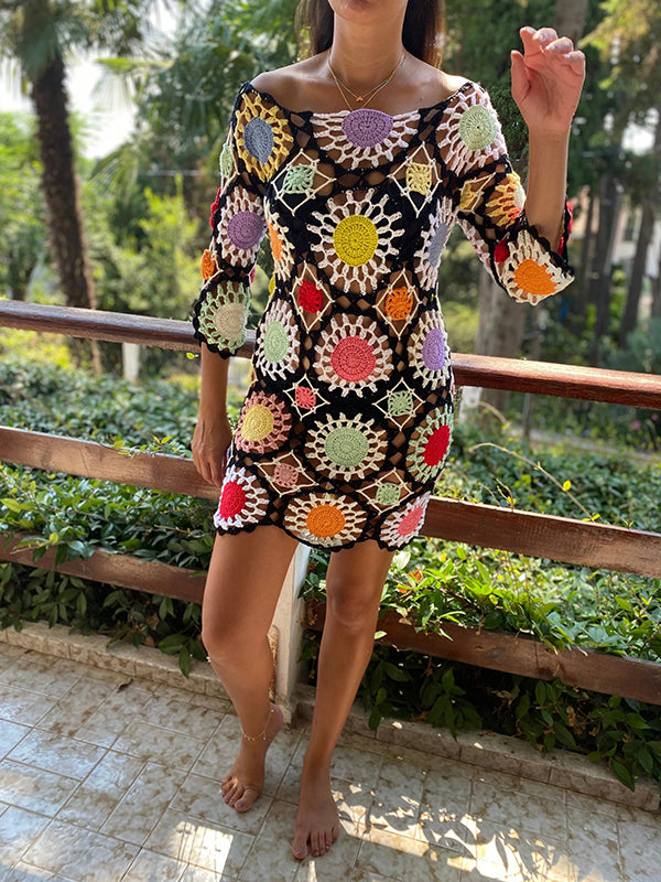 Colorful Long Sleeves Mini Dress Cover-Ups Swimwear worn outdoors, showcasing vibrant patterns and stylish design.