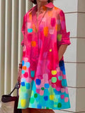 Long Sleeve Color-Block Printed Lapel Midi Dress