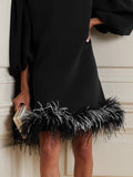 Feather Trim Puff Sleeve Mini Dress