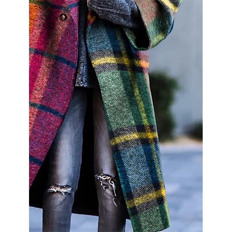 Plaid Woolen Windbreaker Coat - Loose Lapel Jacket