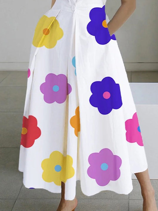 Sleeveless Floral Printed Lapel Midi Dress