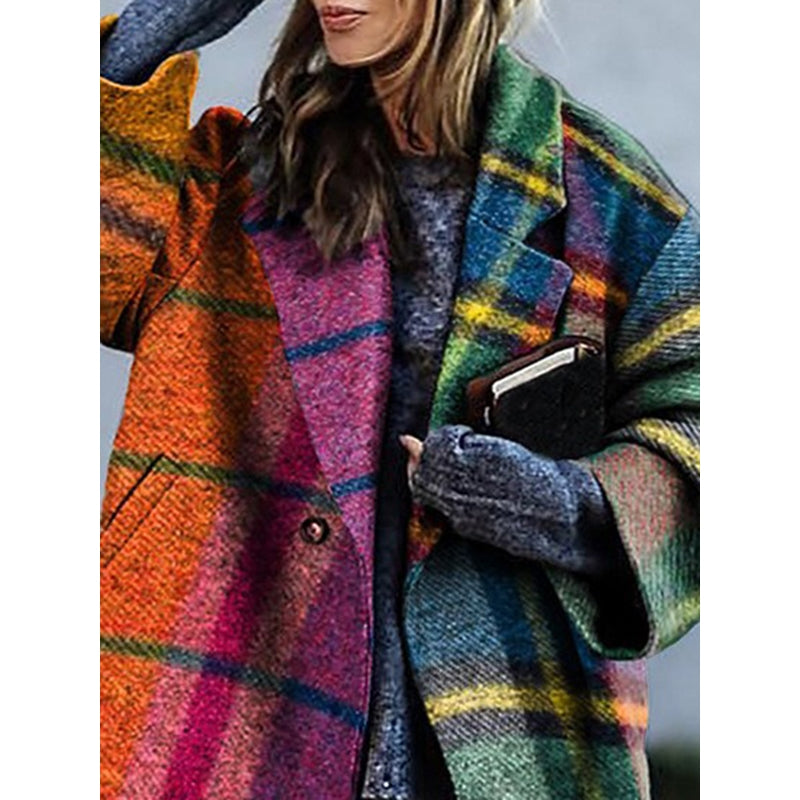 Plaid Woolen Windbreaker Coat - Loose Lapel Jacket