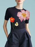 Short Sleeves Skinny Floral Printed Round-Neck T-Shirts