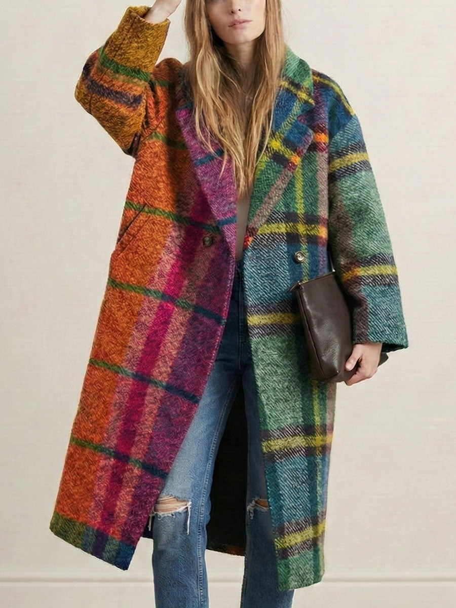 Plaid Woolen Windbreaker Coat - Loose Lapel Jacket