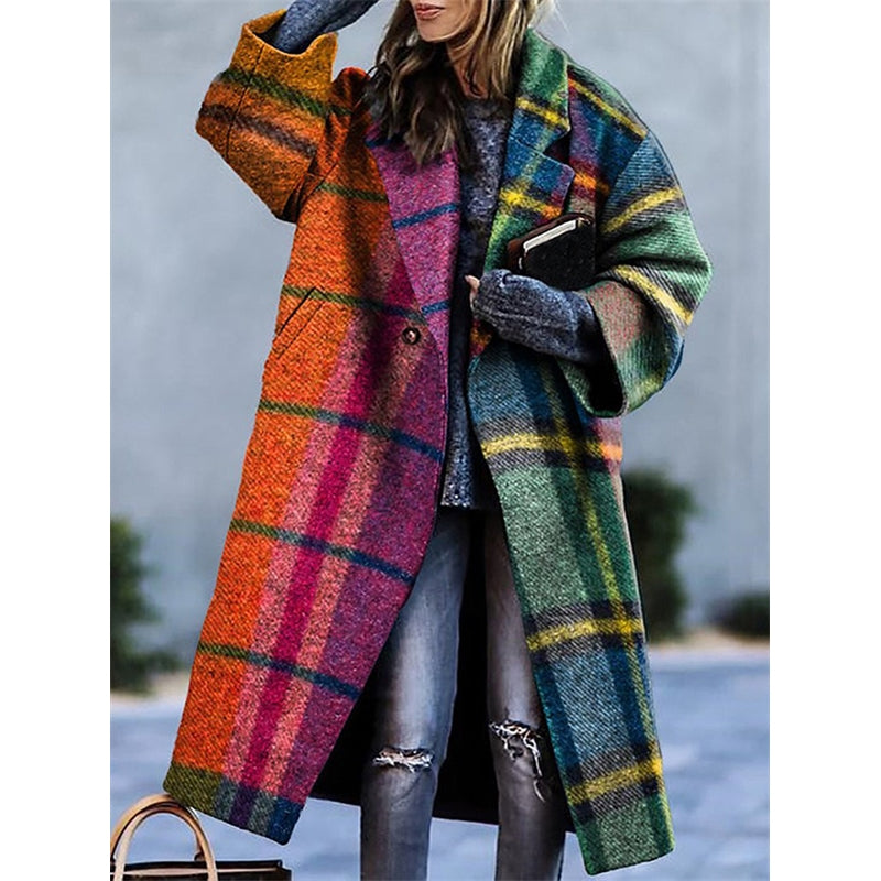 Plaid Woolen Windbreaker Coat - Loose Lapel Jacket