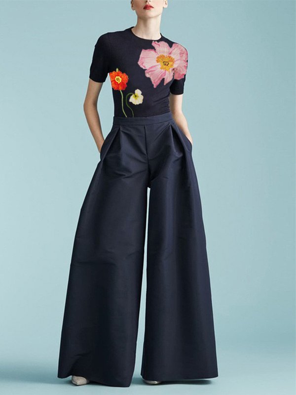 Short Sleeves Skinny Floral Printed Round-Neck T-Shirts