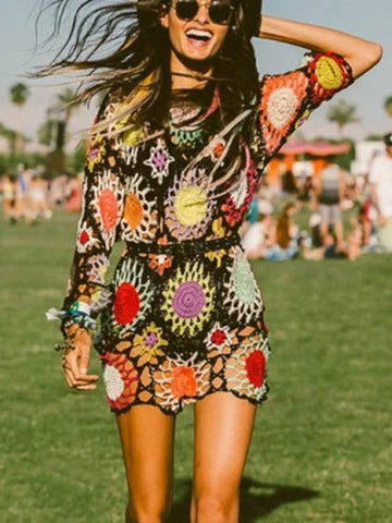 Colorful Long Sleeves Mini Dress Cover-Ups Swimwear worn by a smiling woman at a festival, showcasing vibrant crochet patterns.