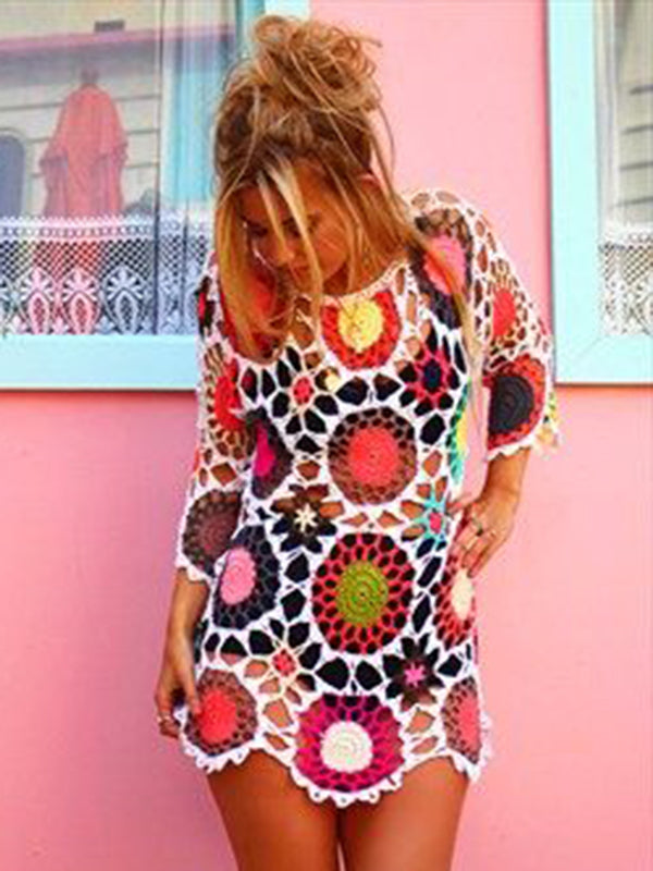 Colorful Long Sleeves Mini Dress Cover-Ups Swimwear showcased on a model in front of a pastel wall, perfect for beach outings.