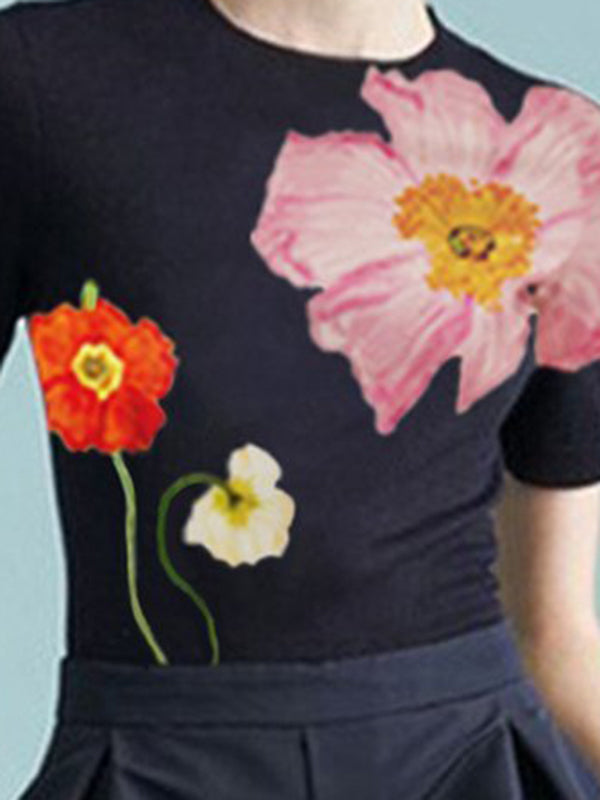 Short Sleeves Skinny Floral Printed Round-Neck T-Shirts