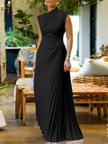 High Waisted Sleeveless Asymmetric Mock Neck Maxi Dress
