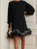 Feather Trim Puff Sleeve Mini Dress